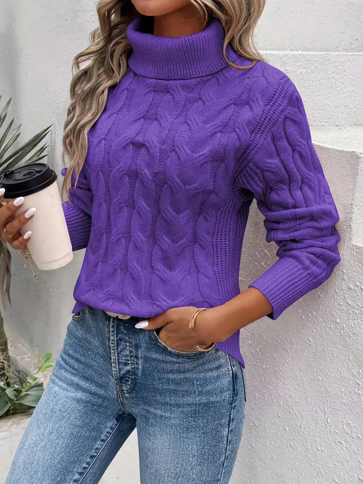 Women's cable knit turtleneck jumper with long sleeves
