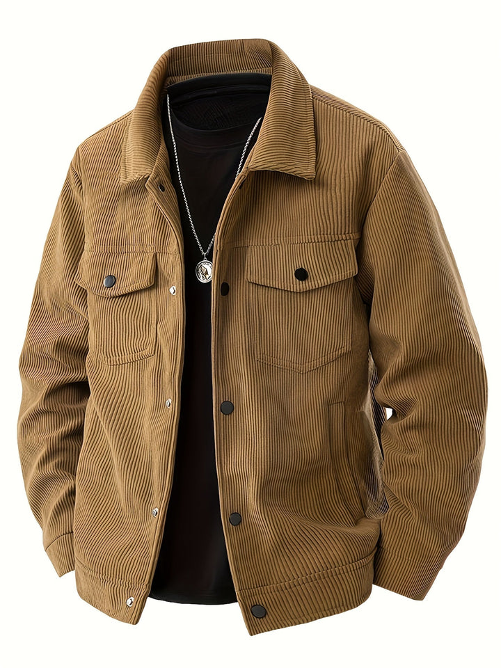 Men's corduroy utility jacket with pointed collar, button fastening and multiple pockets