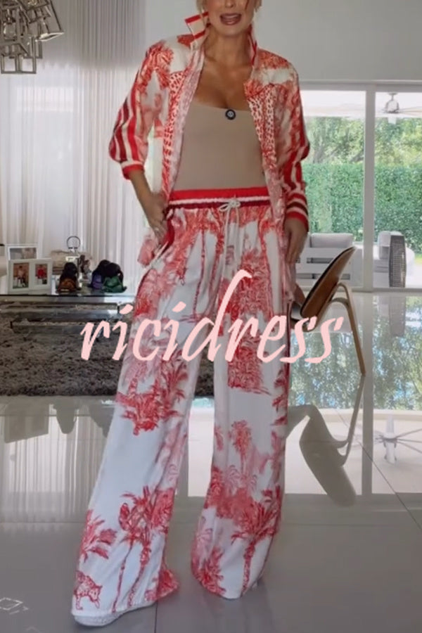 Women's red floral long-sleeved shirt and wide leg trousers set with striped trims
