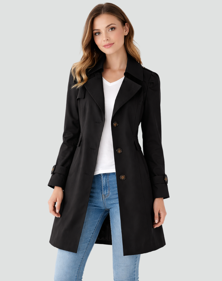 Women's knee-length trench coat with notched lapels, long sleeves and button front