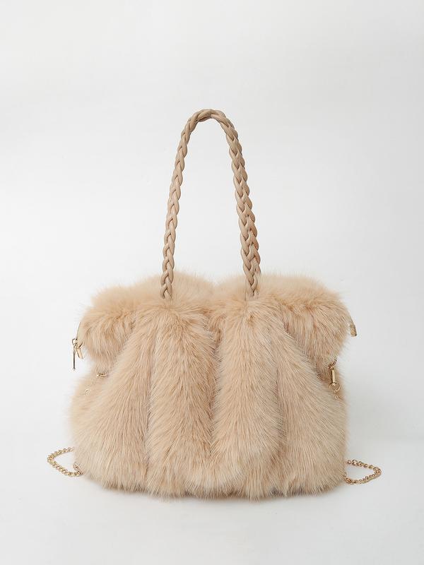 Women's faux fur shoulder bag with braided handles and chain strap