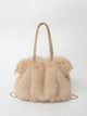 Women's faux fur shoulder bag with braided handles and chain strap