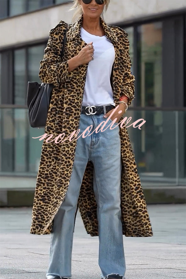 Women's long leopard print midi trench coat with long sleeves