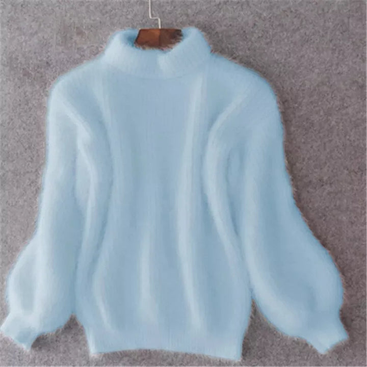 Women's high neck jumper with long balloon sleeves and ribbed trims