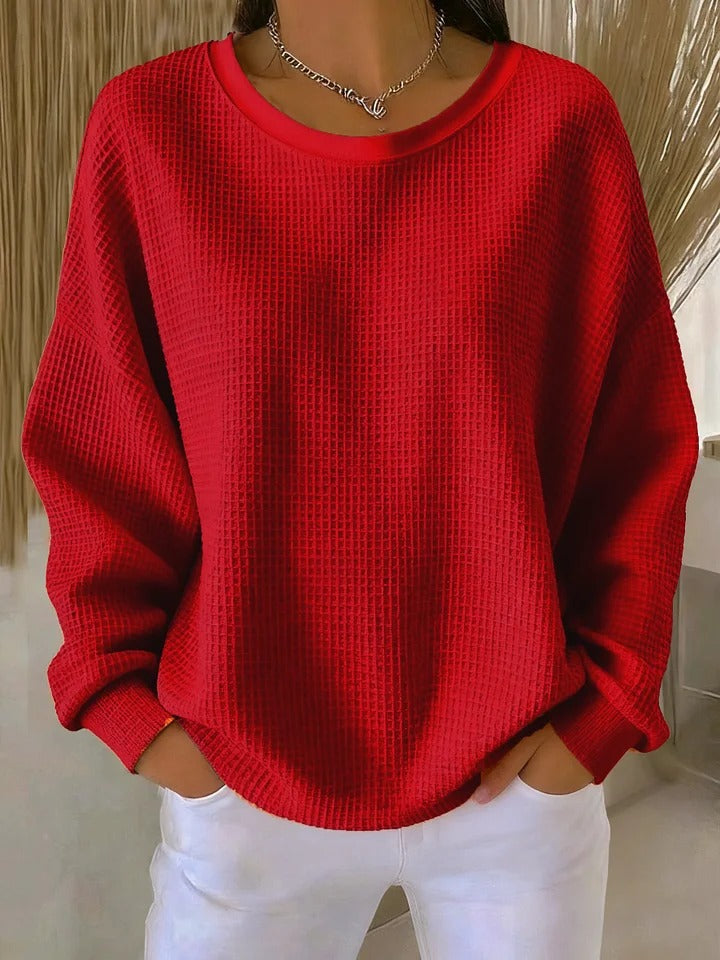 Women's textured waffle jumper with crew neck and long sleeves