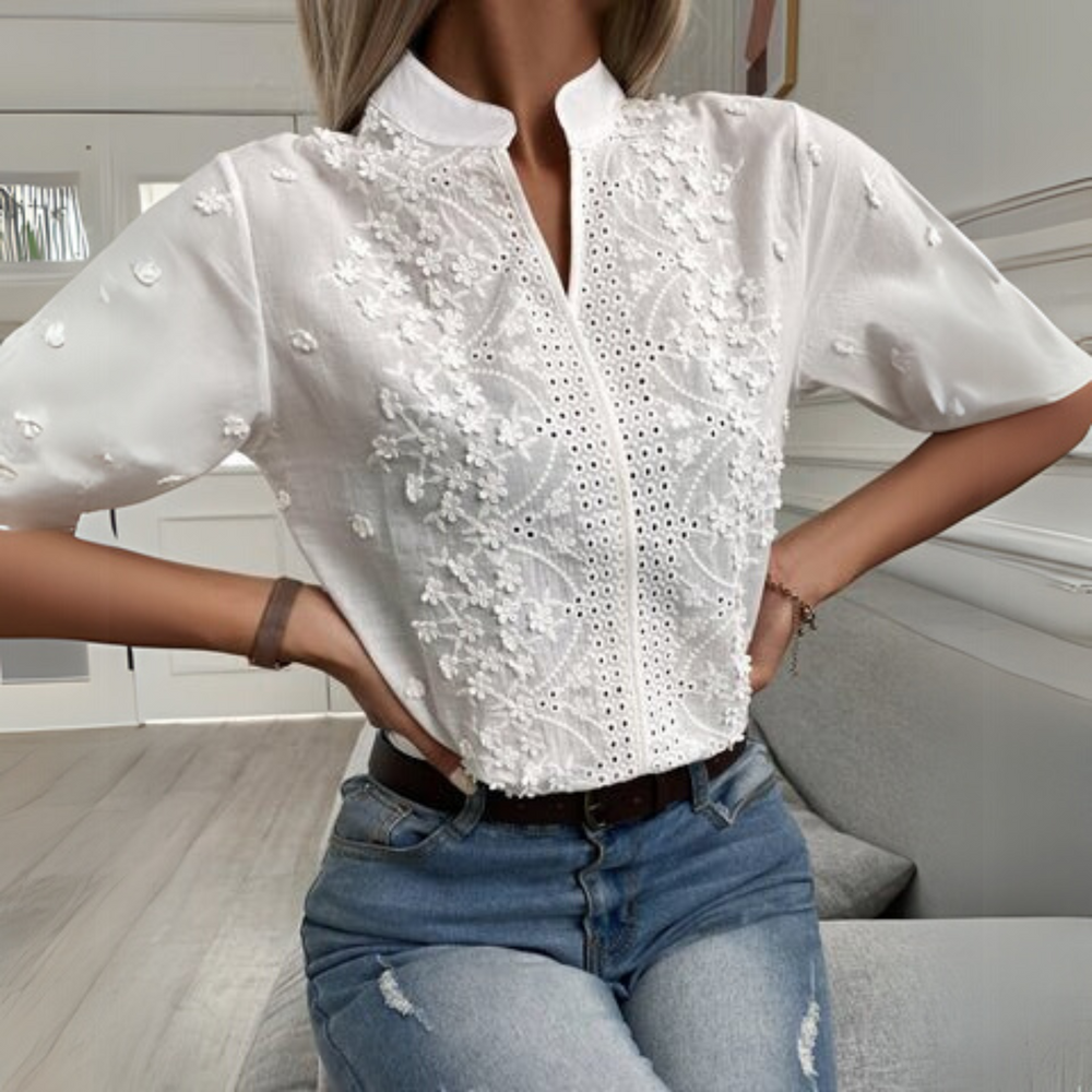 Women's White Embroidered Eyelet Blouse, Short Sleeve