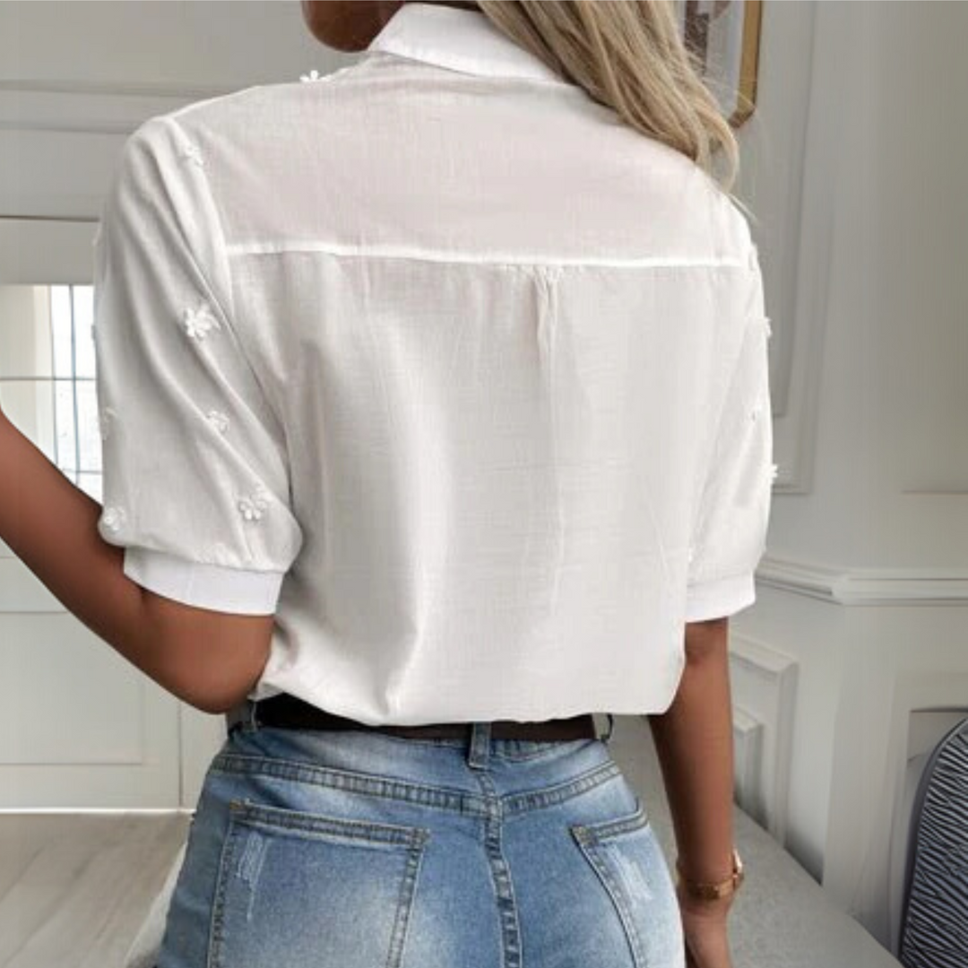 Women's White Embroidered Eyelet Blouse, Short Sleeve