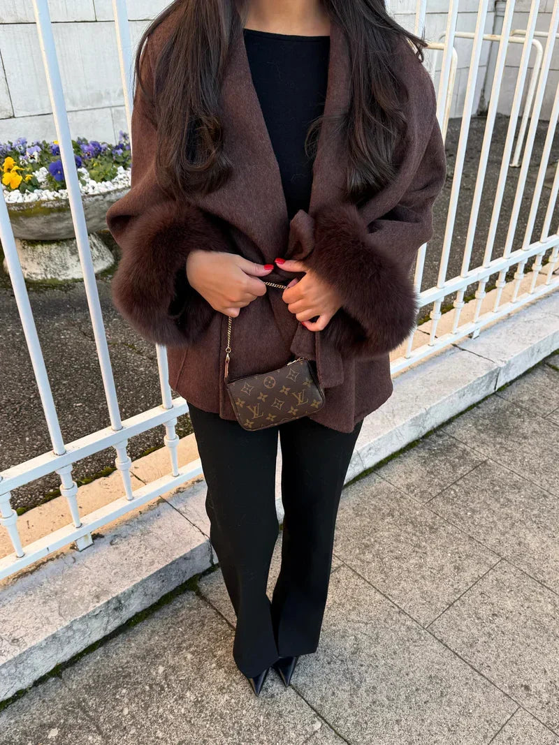Women's belted wrap coat with fluffy cuffs