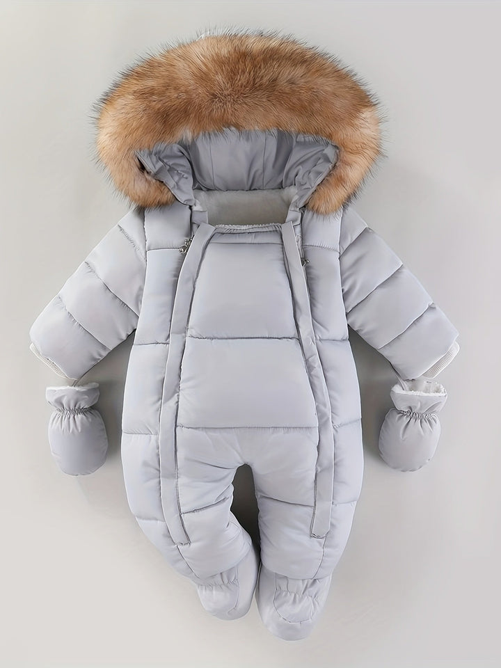 Quilted hooded baby snowsuit with fur trim, enclosed feet and matching mittens