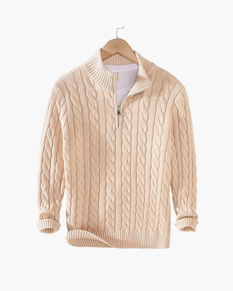 Men's cable knit quarter zip sweater with stand collar