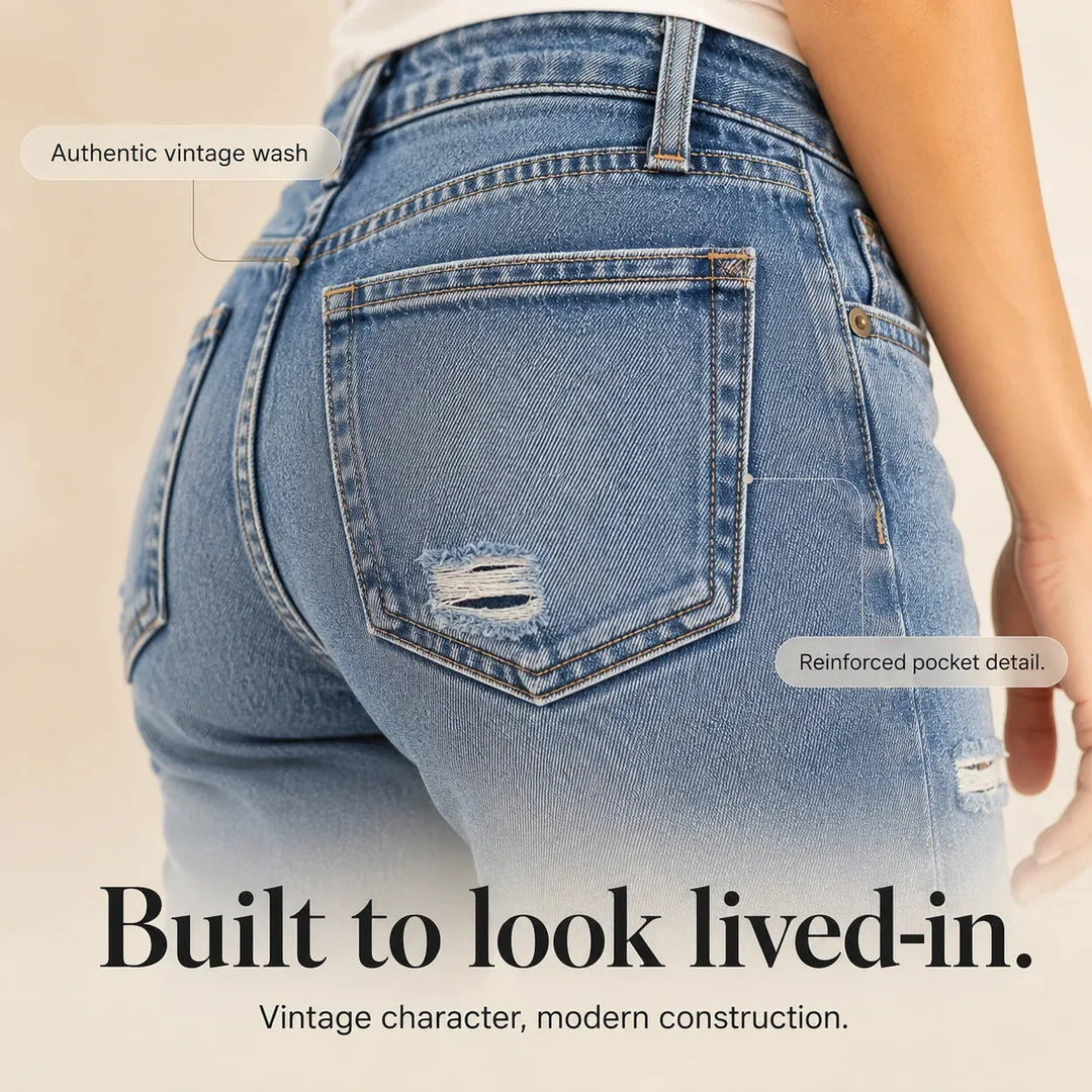 Women's blue distressed straight leg jeans with cropped frayed hems
