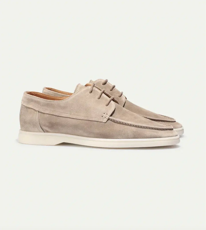 Men's black and beige suede loafer with lace-up front and crepe sole