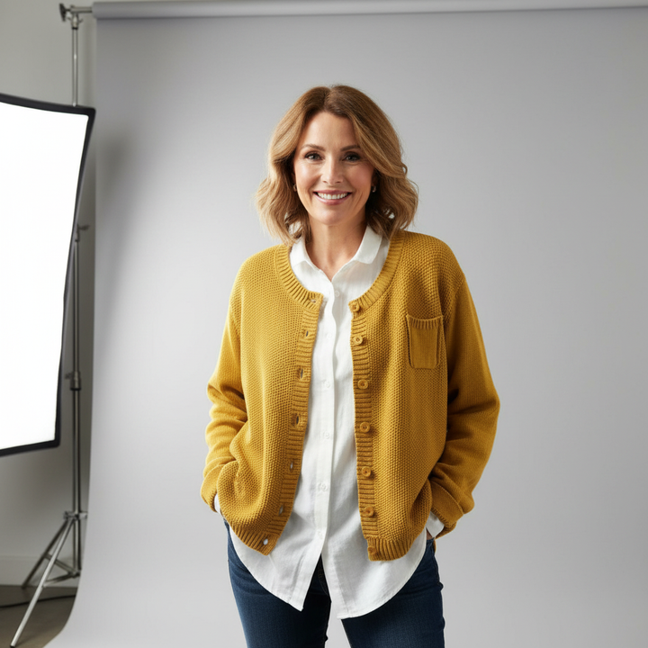 Women's textured knit cardigan with button front and patch pockets