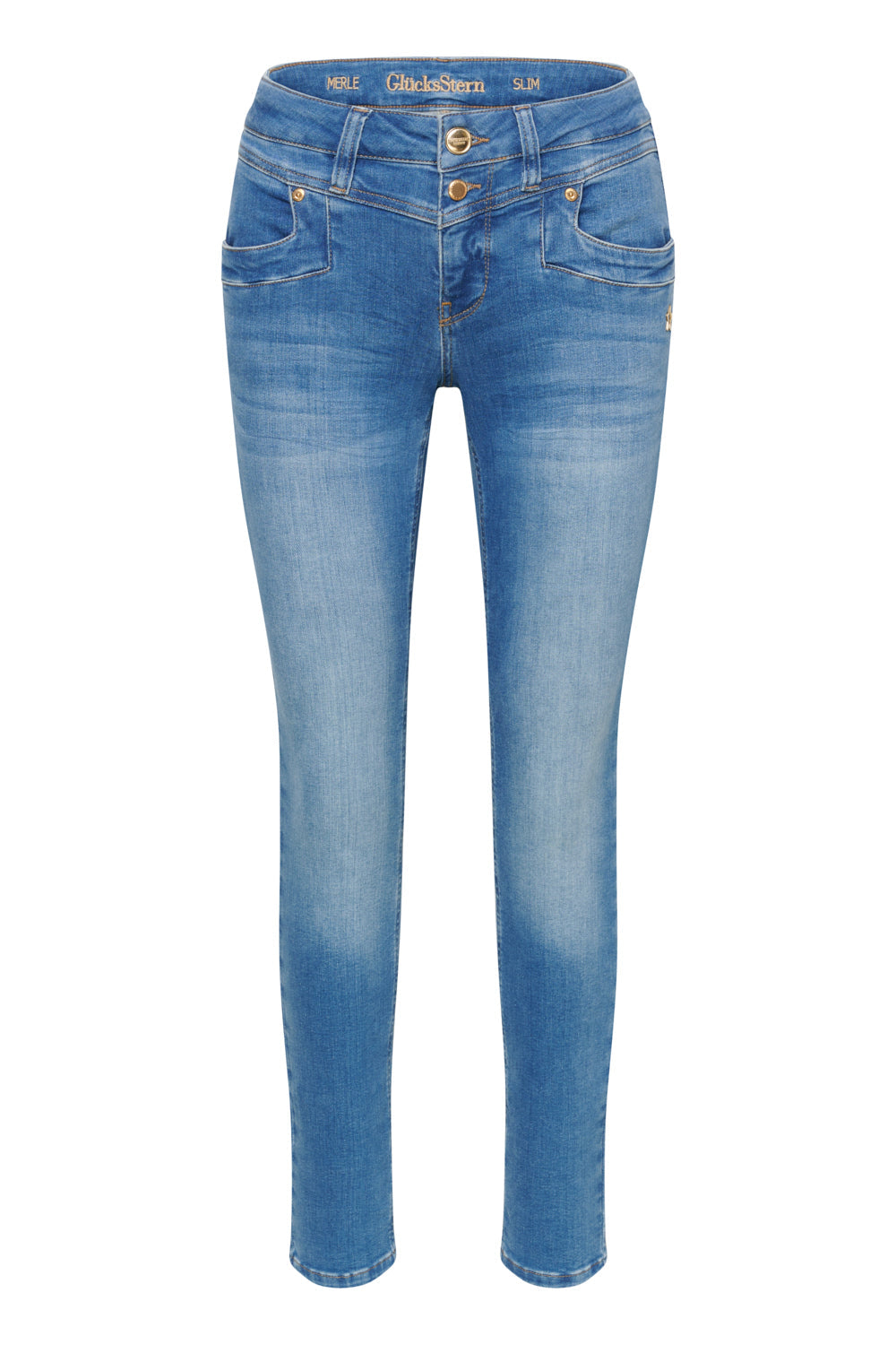 Women's slim blue jeans with mid-rise waist, five pockets and ankle-length hems