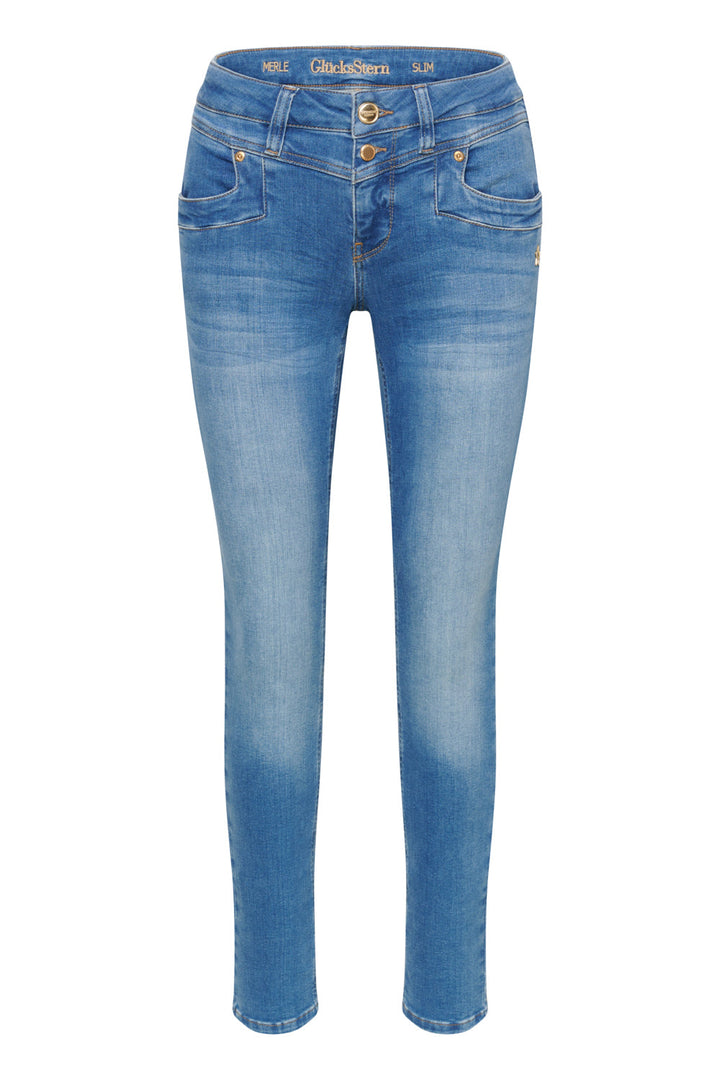 Women's slim blue jeans with mid-rise waist, five pockets and ankle-length hems