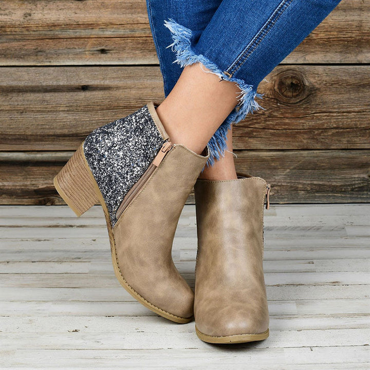 Women's ankle boots with glitter side panels and chunky block heels