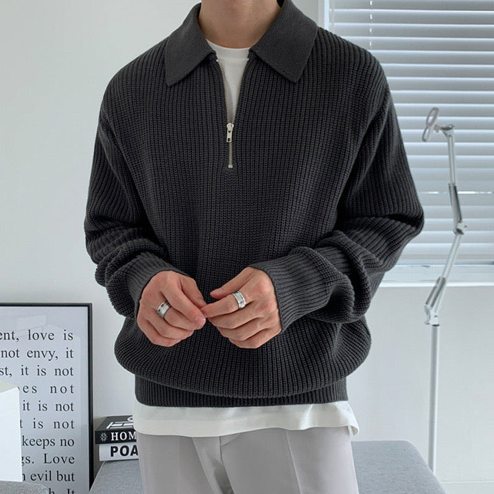 Men's ribbed quarter-zip collared sweater with long sleeves