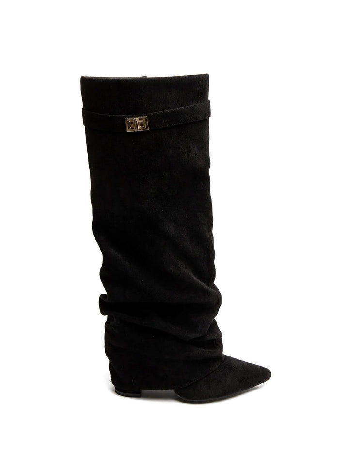 Black women's slouch knee-high boots with pointed toes, low heels and buckle trim