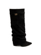 Black women's slouch knee-high boots with pointed toes, low heels and buckle trim