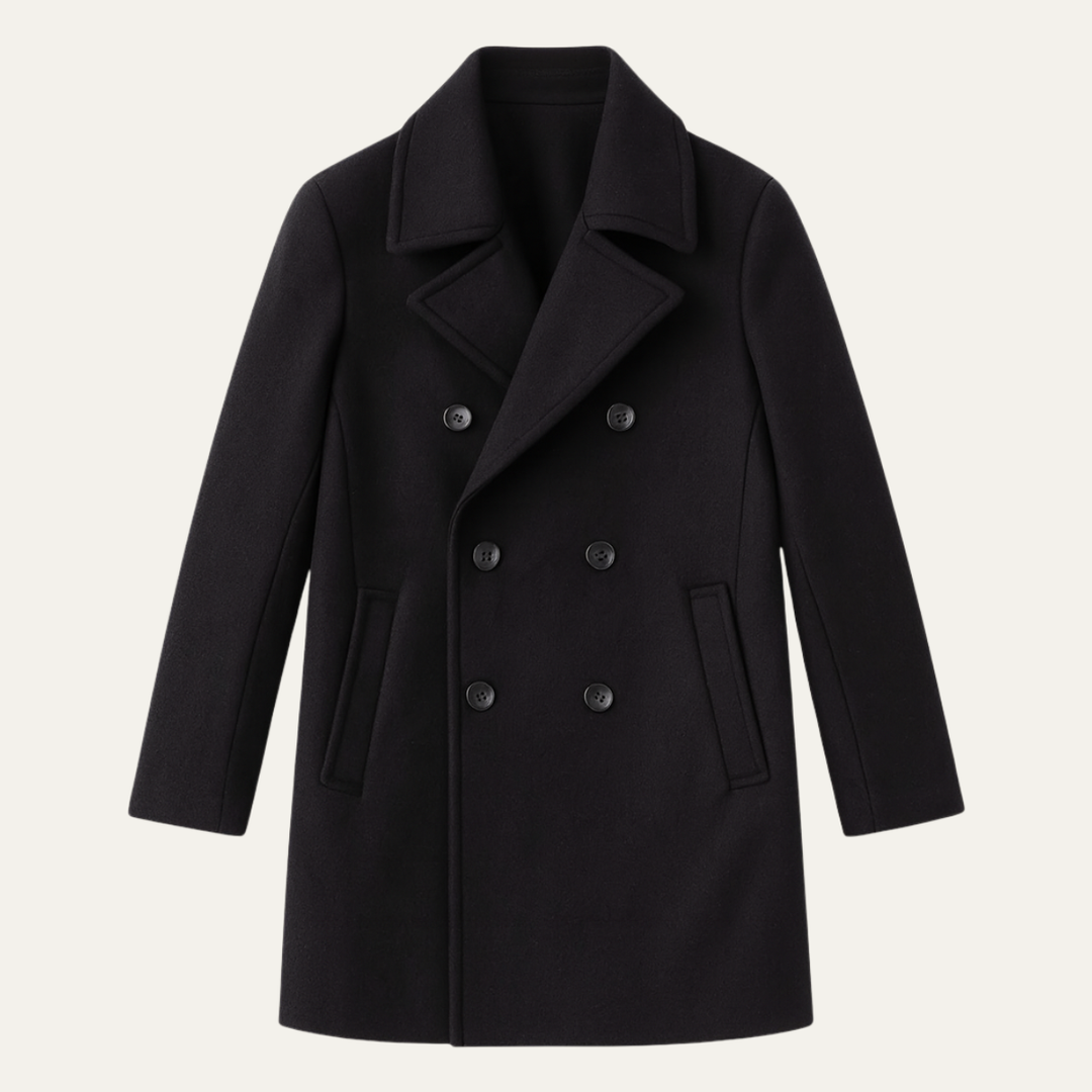 Men's black double-breasted peacoat with notched lapel and long sleeves