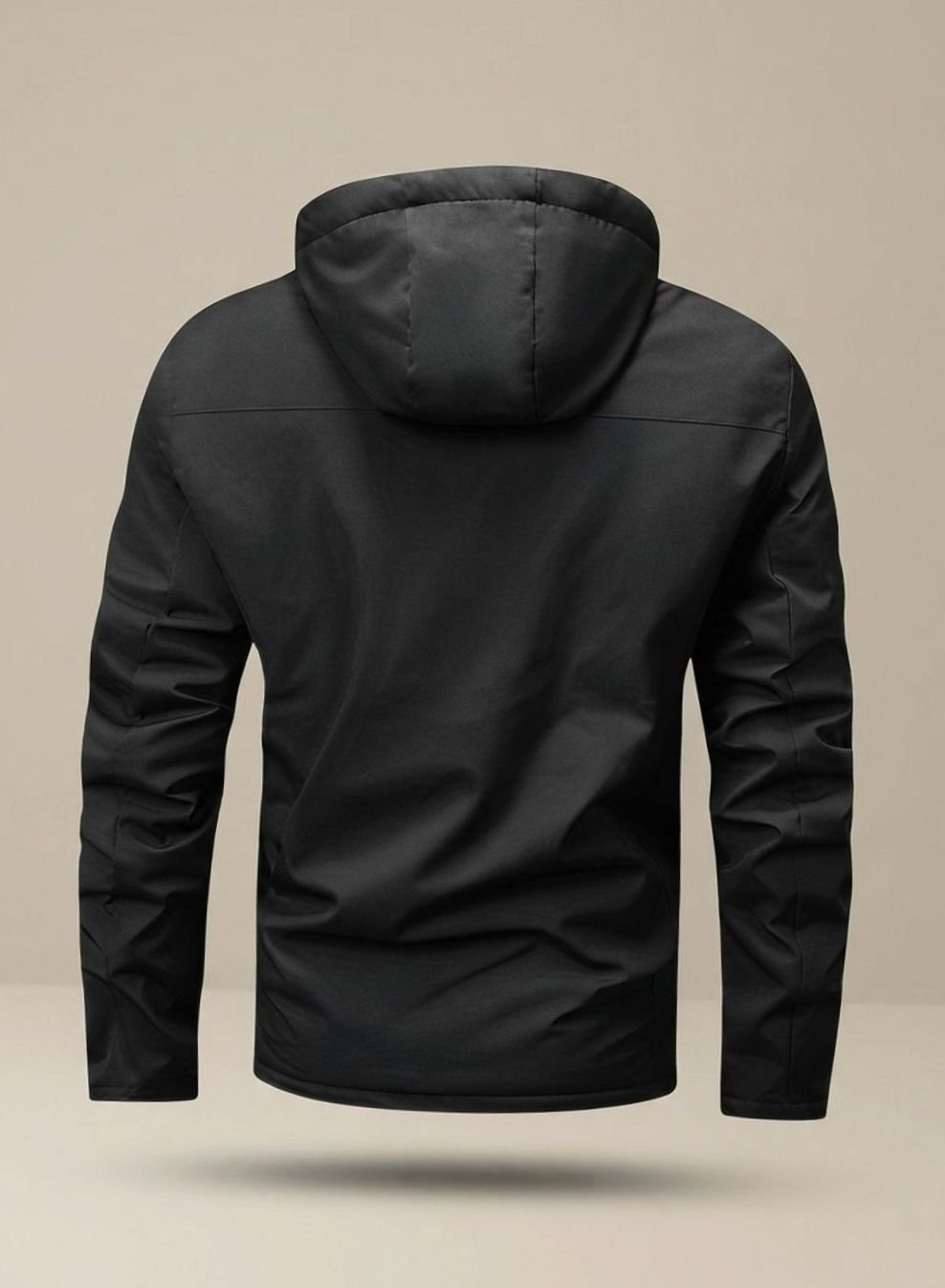 Men's hooded long-sleeve winter jacket with zip front and multiple pockets