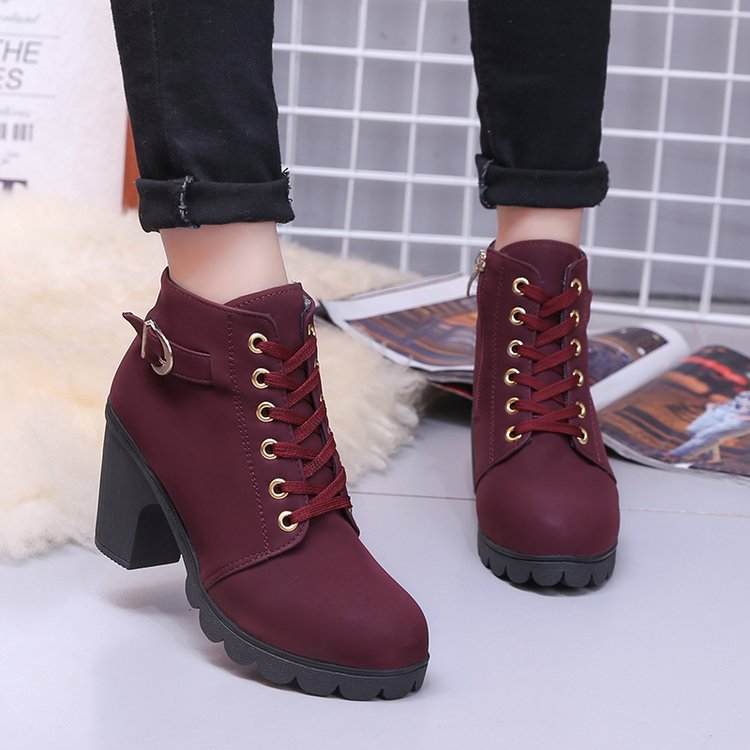 Women's lace-up heeled ankle boots with buckle straps