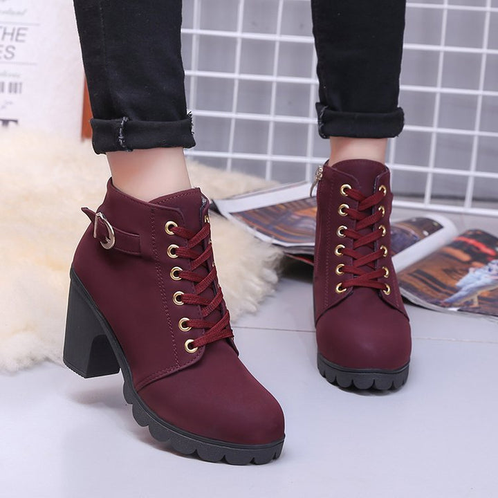 Women's lace-up heeled ankle boots with buckle straps