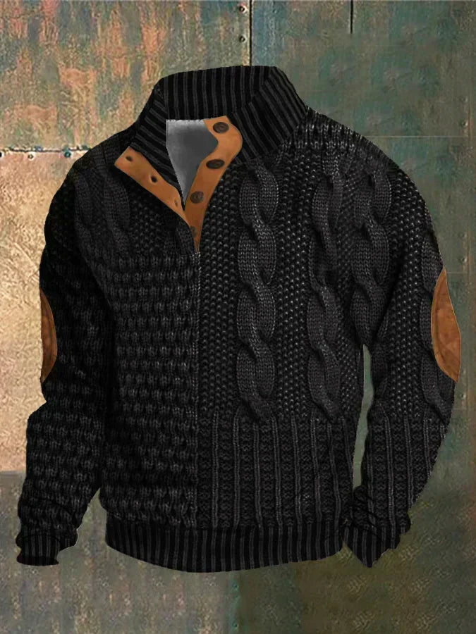 Men's textured cable knit jumper with mock neck and button detail