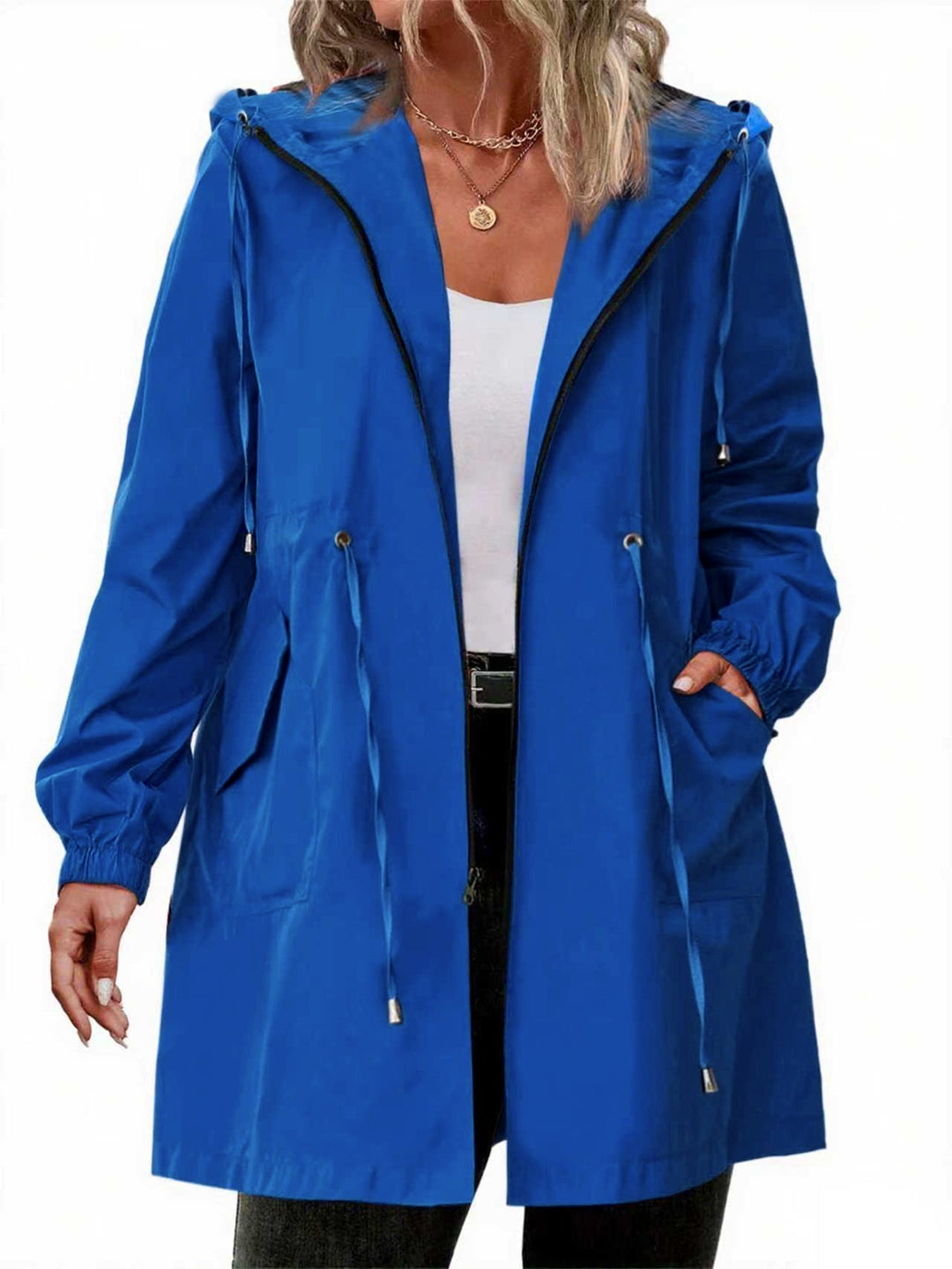 Women's long hooded raincoat with zip front, drawstring waist and front pockets