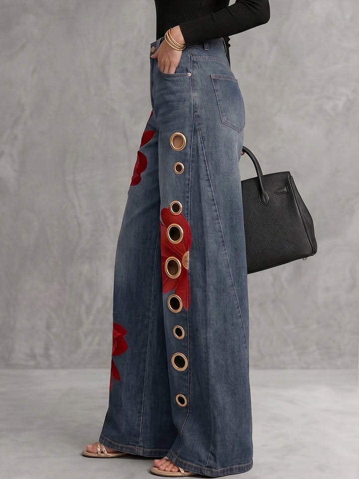 Women's floral-print high-waist wide-leg trousers