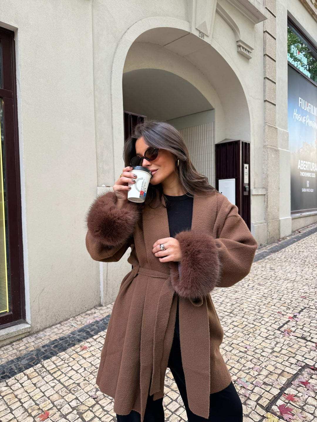 Women's brown long coat with tie belt and fur cuffs