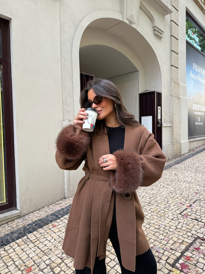 Women's brown long coat with tie belt and fur cuffs
