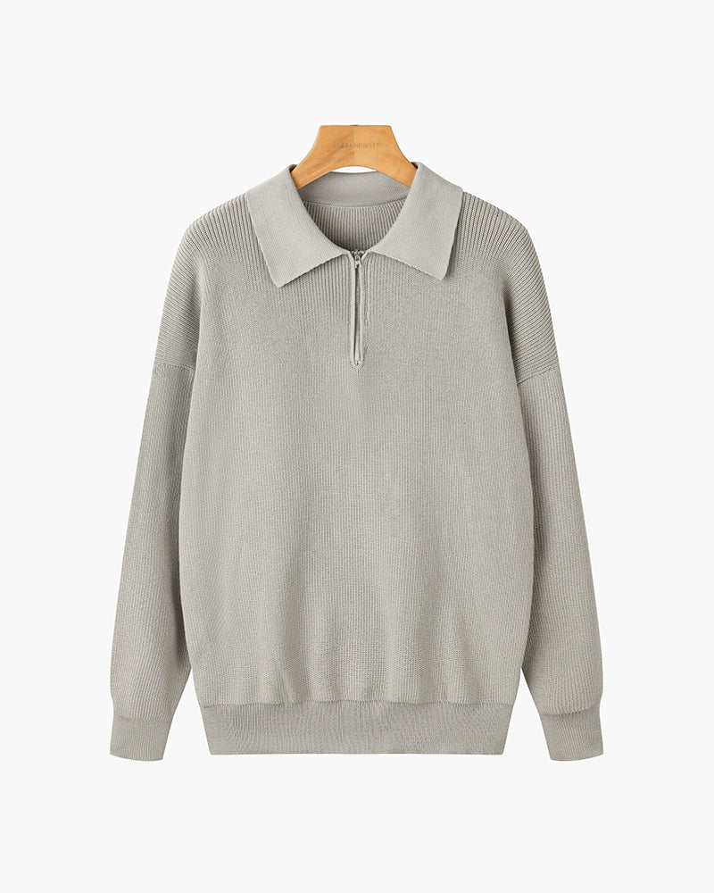 Men's ribbed quarter-zip collared sweater with long sleeves