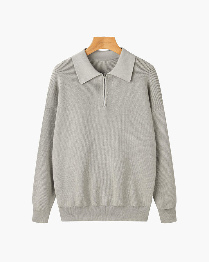 Men's ribbed quarter-zip collared sweater with long sleeves