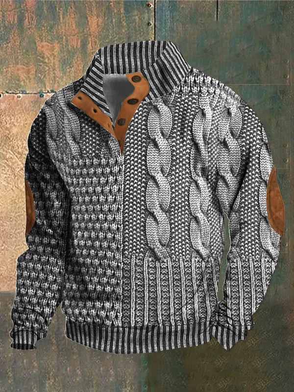 Men's textured cable knit jumper with mock neck and button detail