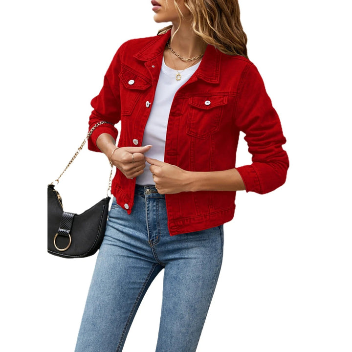 Women's denim jacket with pointed collar, long sleeves, chest pockets and button front