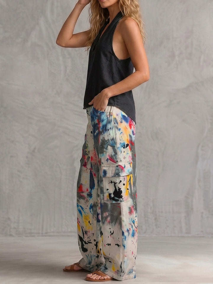 Women's high-waist wide-leg printed denim trousers