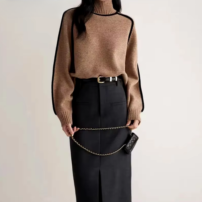 Women's turtleneck sweater with black contrast piping and long sleeves