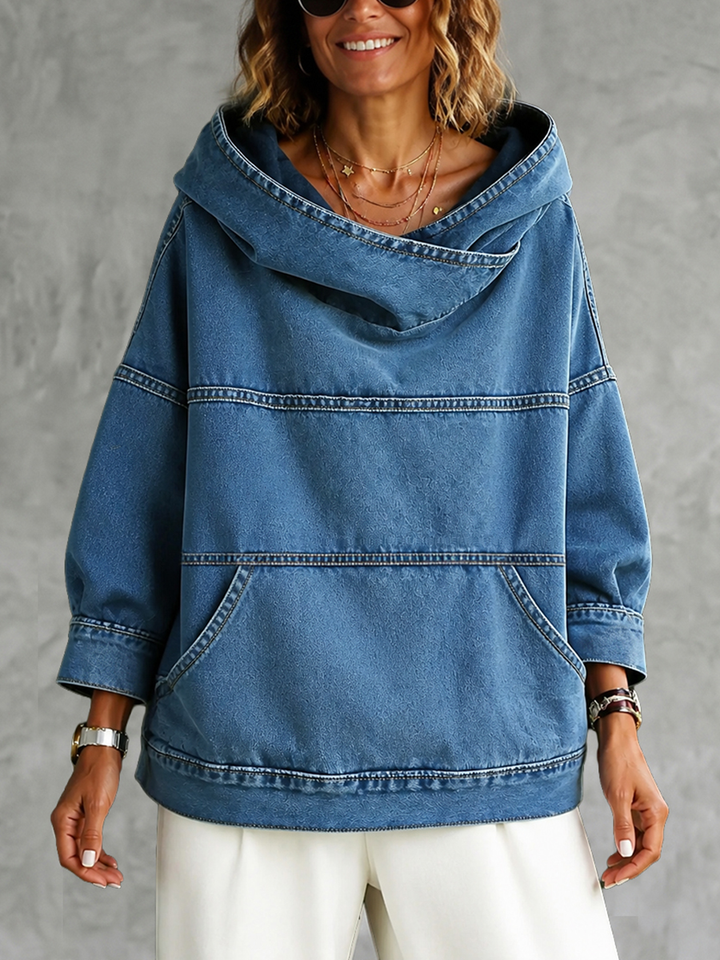 Women's blue hooded sweatshirt with long sleeves, seam detailing and front pouch pocket