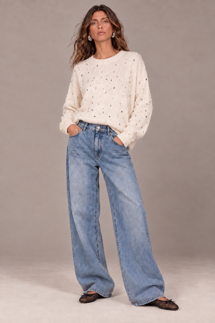Women's light blue high-rise wide leg jeans with textured finish