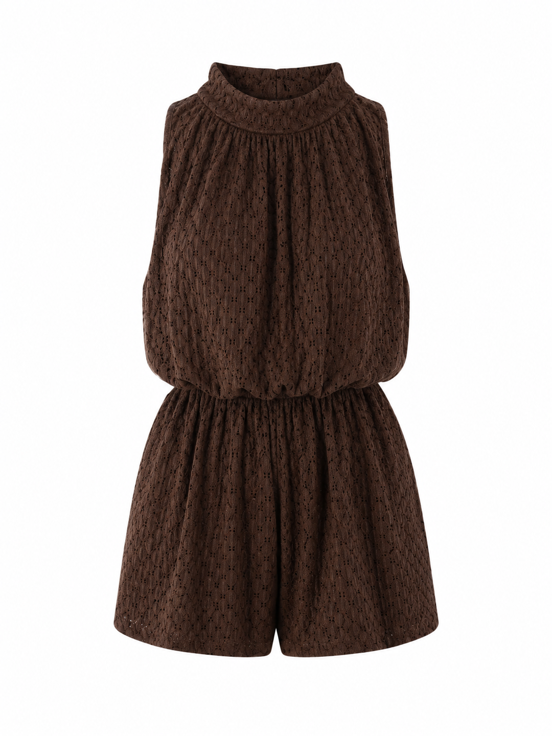 Women's brown textured jumpsuit with turtleneck and sleeveless design