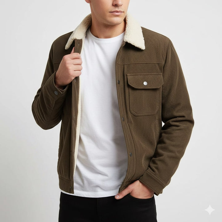 Men's corduroy jacket with textured collar, snap fastening and flap pockets