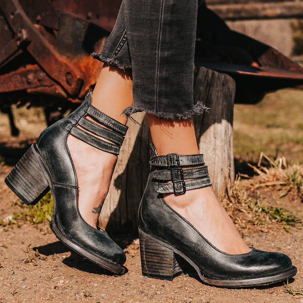 Women's ankle boots with three buckle straps and block heels