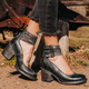 Women's ankle boots with three buckle straps and block heels