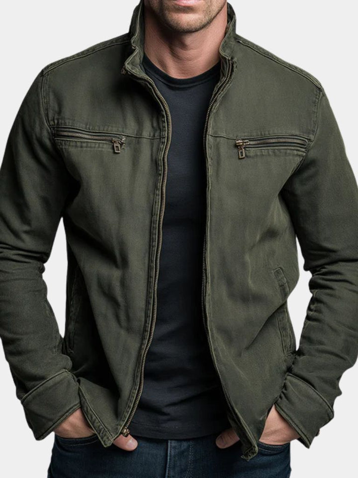 Men's olive field jacket with high collar and zip pockets