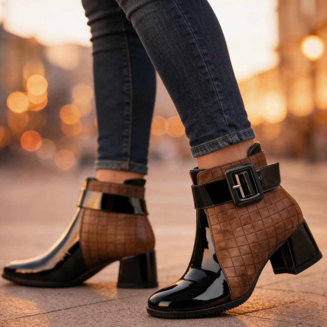 Quilted ankle boots with buckle strap and block heel