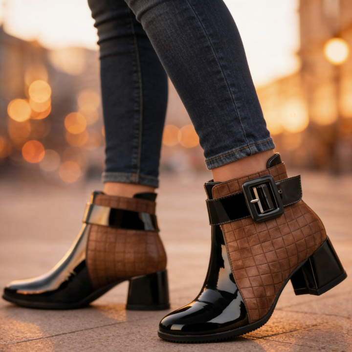 Quilted ankle boots with buckle strap and block heel