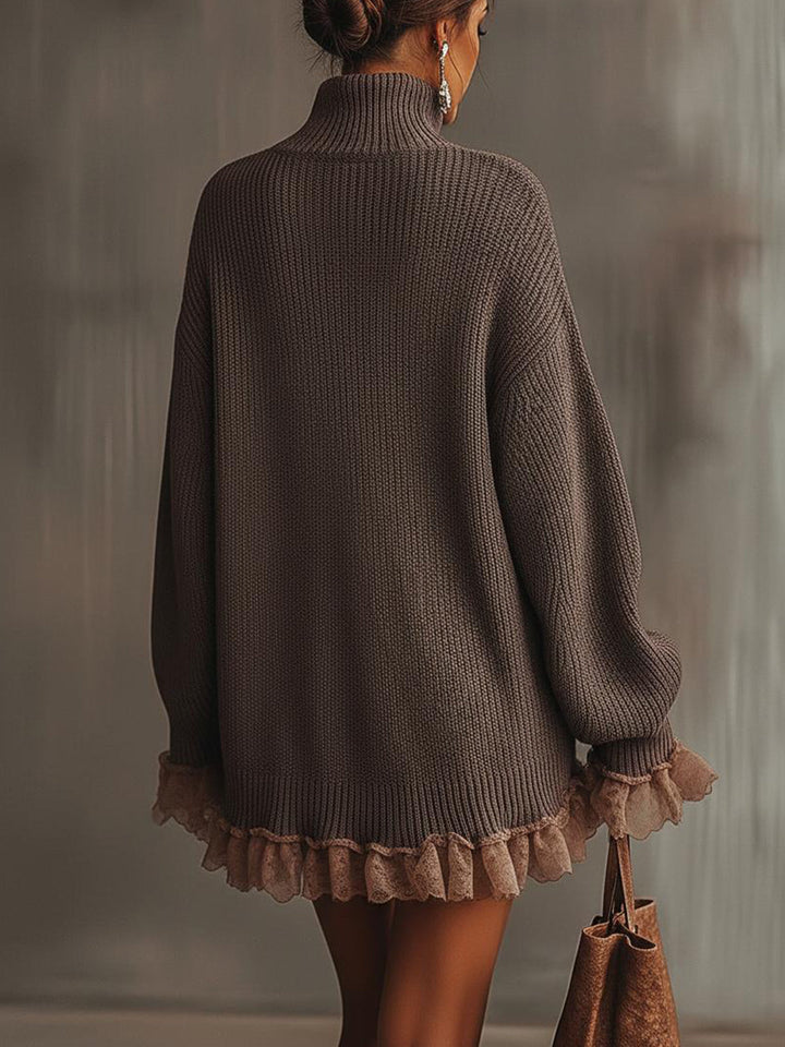 Women's brown knitted turtleneck mini dress with ruffled trim