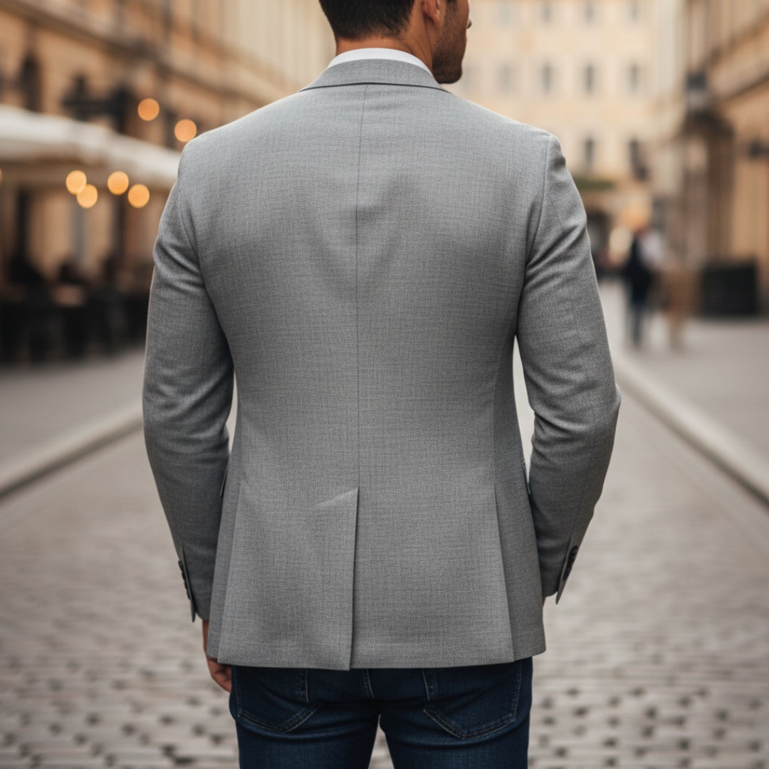Men's slim-fit structured woven blazer with notch lapels, long sleeves and flap pockets