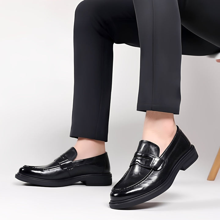 Men's moc toe penny loafers with low block heel